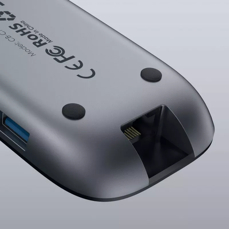 USB-C stotelė nešiojamam kompiuteriui AUKEY CB-C71 — 3x USB‑C (USB 3.2 Gen1), HDMI, RJ‑45, MicroSD, USB PD 100W, 0,15 m kabelis, juoda