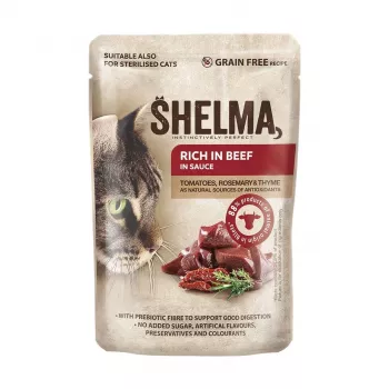 SHELMA su kalakutiena, antiena, vištiena ir jautiena padaže – šlapias ėdalas katėms – 12x85g