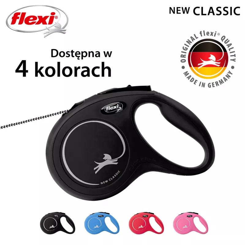 Flexi New CLASSIC 5 m juodas, atitraukiamas pavadėlis šunims, virvutė, maksimali apkrova 20 kg, atšvaitai