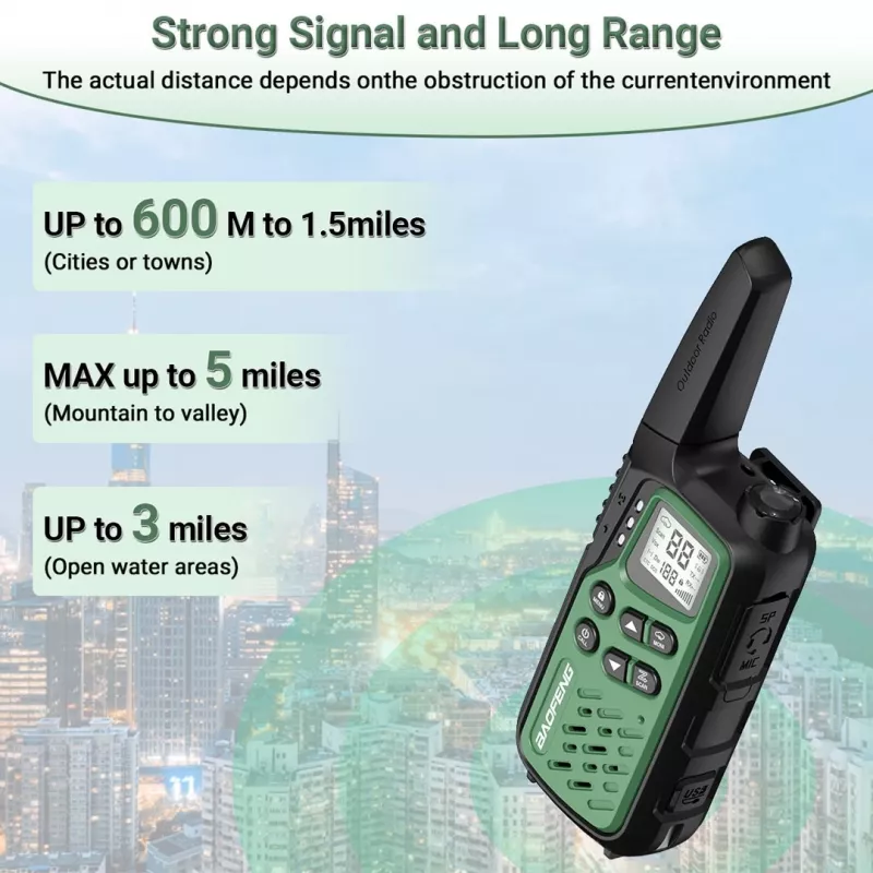 Nešiojamos racijos Baofeng BF-T25E — 16 kanalų, 2×1400 mAh Li‑Ion, VOX, LCD, žalios, rinkinys 2 vnt.