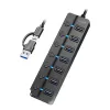 USB 3.2 Gen1 7 prievadų USB mazgas su atskirais jungikliais, juodas