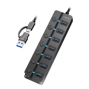 USB 3.2 Gen1 7 prievadų USB mazgas su atskirais jungikliais, juodas