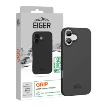 Apsauginis dėklas Eiger Grip Case iPhone 17 — juodas, tvirtas lengvas apvalkalas