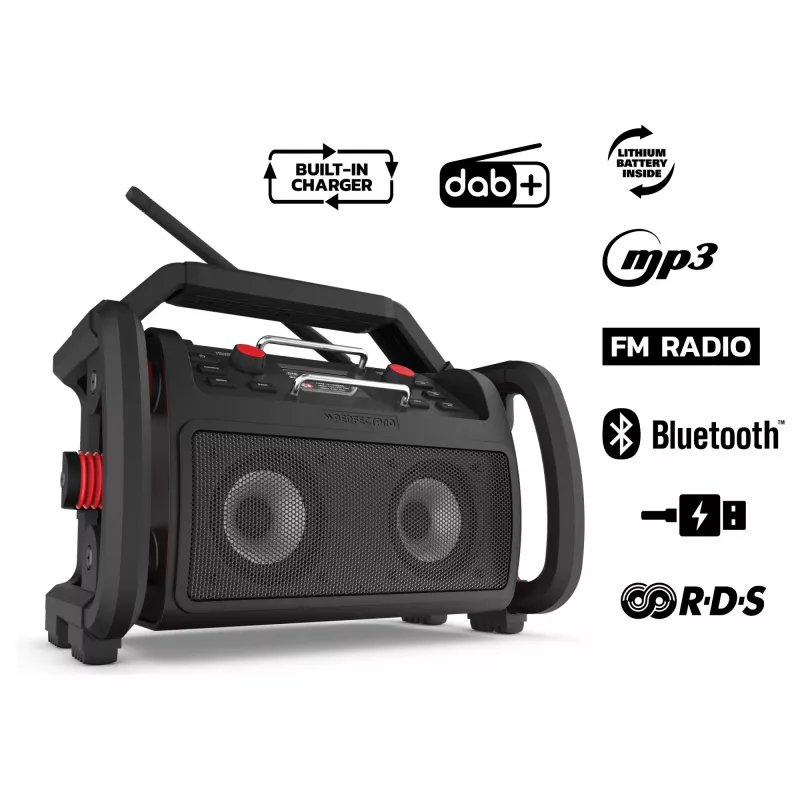 PerfectPro ROCKPRO RP2 darbo vietos radijas, DAB+/FM, 30 W, 4000 mAh akumuliatorius, juodas/raudonas