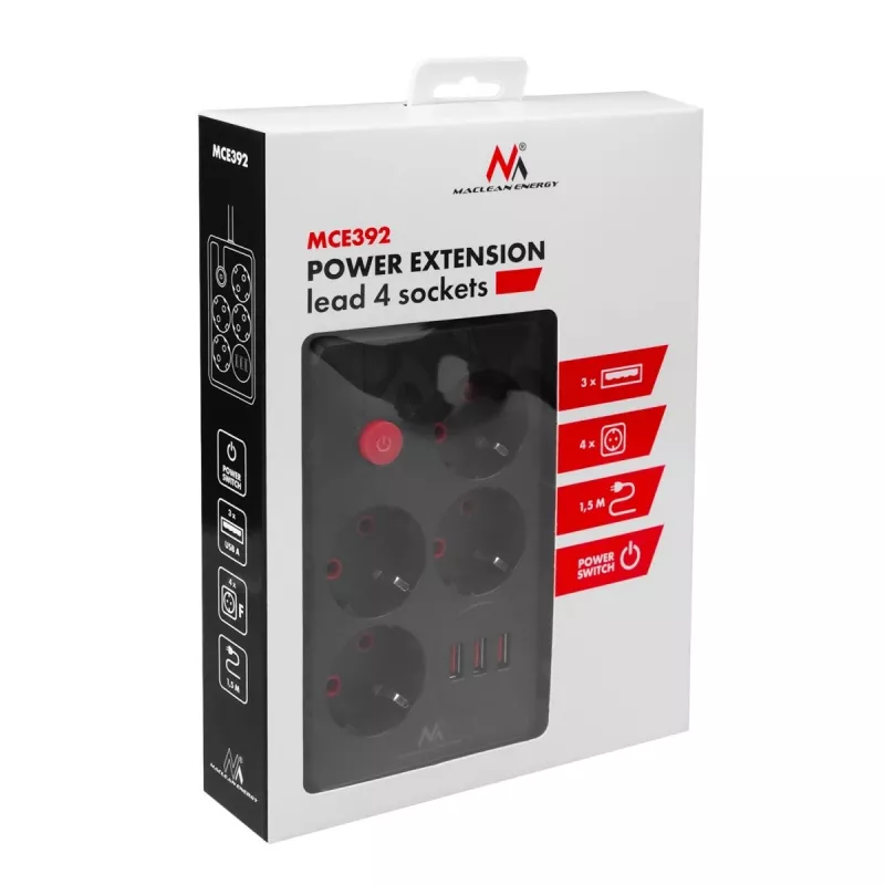 Maitinimo blokas MACLEAN MCE392 B — 4 lizdai, 3×USB, 110–240V, 2.1A, 2500W, 1,5 m laidas, juodas