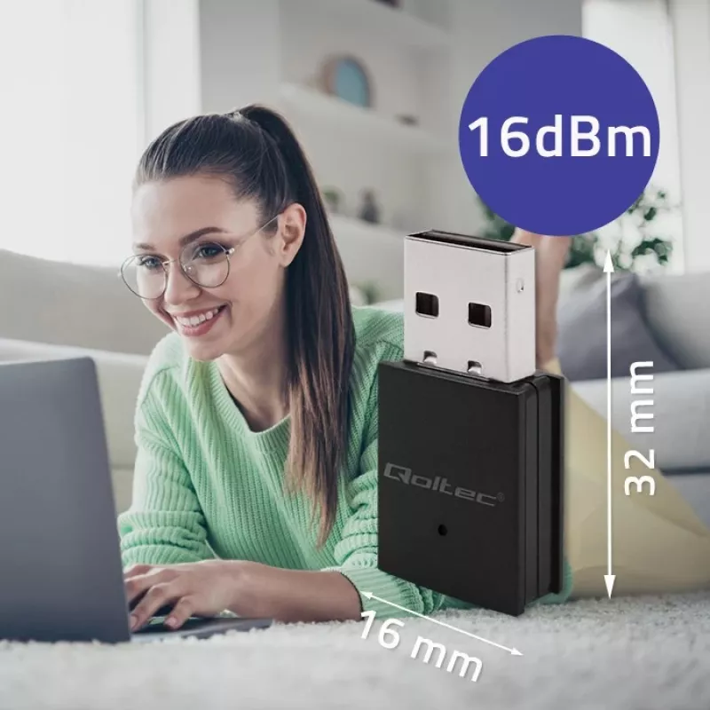 Belaidis Mini USB Wi-Fi adapteris QOLTEC 57007 – vienos juostos 2,4 GHz, iki 150 Mbps, vidinė antena
