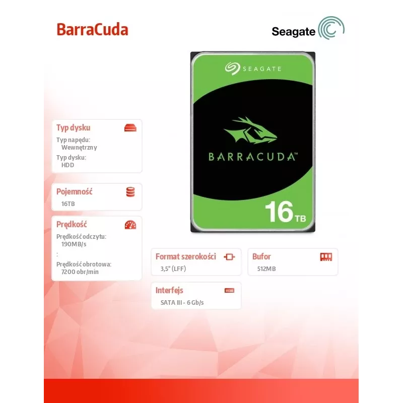 Seagate Barracuda 16TB vidinis kietasis diskas 7200 RPM 512 MB 3.5 colio Serial ATA
