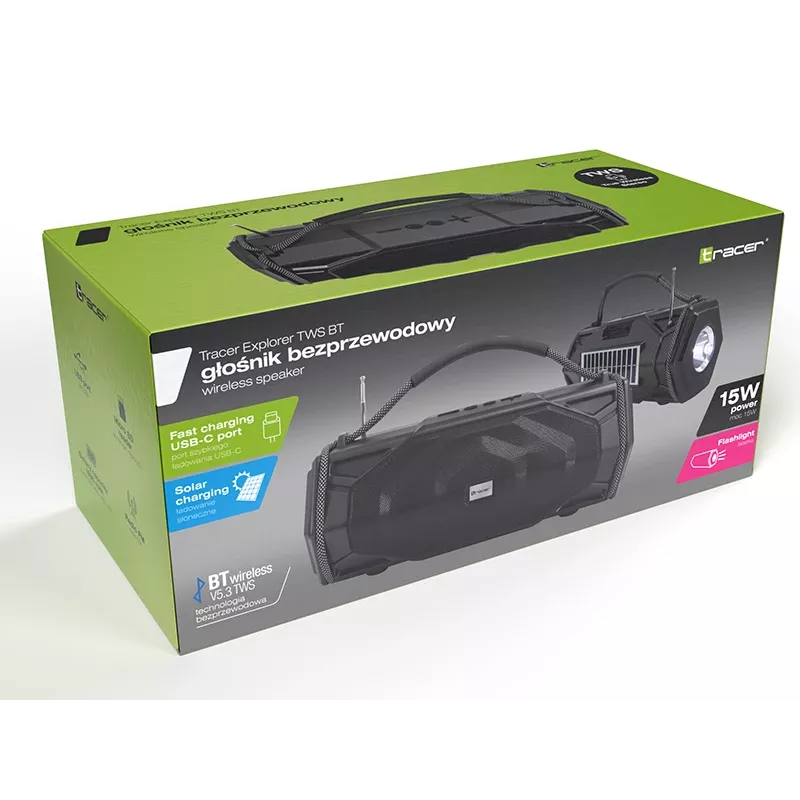 Tracer Explorer TRAGLO47616 nešiojamoji Bluetooth kolonėlė, TWS, Bluetooth 5.3, 15 W RMS, FM radijas, žibintas, saulės elementas, 1800 mAh maitinimo bankas, microSD, juoda