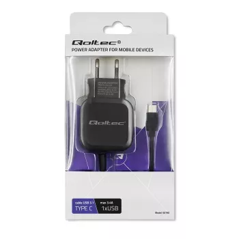 Qoltec 50190 Mobiliojo įrenginio įkroviklis iš tinklo, 3.4 A, USB, USB-C laidas