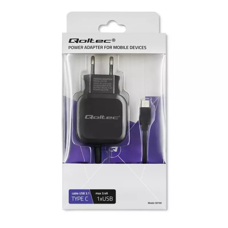 Qoltec 50190 Mobiliojo įrenginio įkroviklis iš tinklo, 3.4 A, USB, USB-C laidas