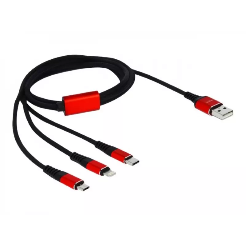 DeLOCK 85892 Laidinis įkrovimo kabelis Lightning / USB – USB (M) į Micro-USB Type B, Lightning, USB-C (M) – 1,0 m – Ekranuotas – Juodas