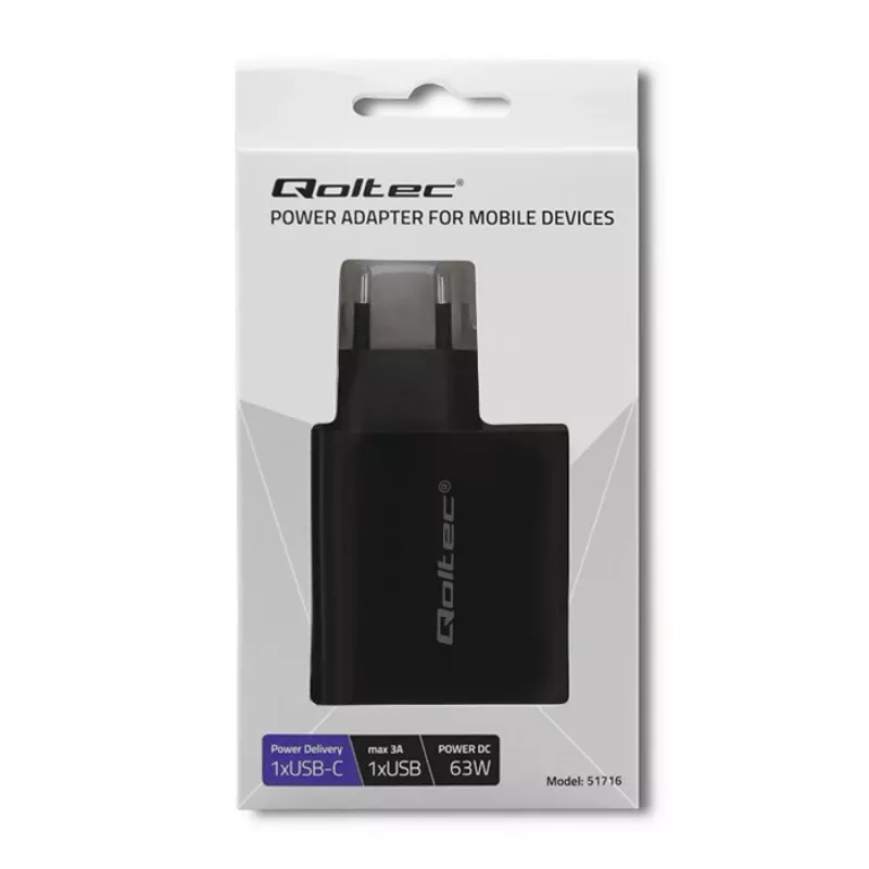 Qoltec 51716 sieninis įkroviklis 63 W, USB-C PD + USB QC 3.0, 5-20 V 1,5-3 A, juodas