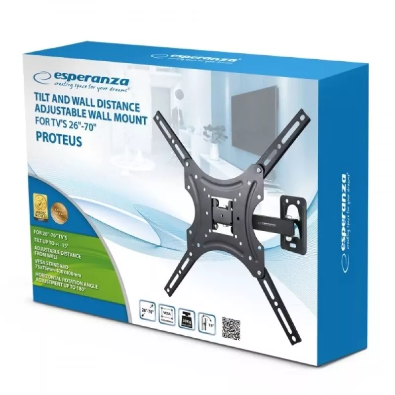 Sieninis TV laikiklis ESPERANZA PROTEUS 26–70 colių (66–177,8 cm), pakreipimas ±15°, pasukimas 120°, VESA 75×75–400×400, maks. apkrova 55 kg, juodas