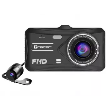 Automobilinis vaizdo registratorius TRACER 4TS Full HD dviejų kamerų, 2 MP priekinė, 0.4 MP salono, 140°/60° kampai, 4 colių IPS ekranas, 150 mAh baterija, aliumininis korpusas, parkavimo pagalba