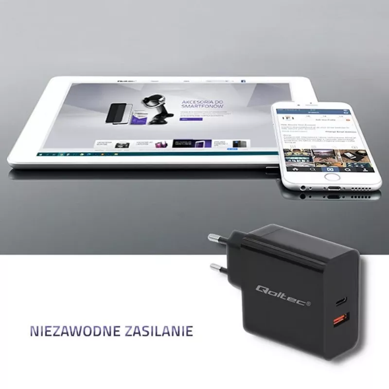 Qoltec 51716 sieninis įkroviklis 63 W, USB-C PD + USB QC 3.0, 5-20 V 1,5-3 A, juodas