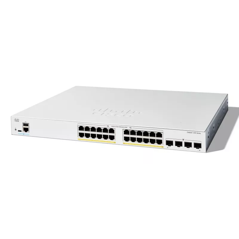 Cisco Catalyst 1200-24FP-4G Smart Switch, 24 prievadai GE, Full PoE, 4x1GE SFP, ribota viso gyvenimo apsauga (C1200-24FP-4G)