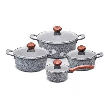 PROMIS granito puodų rinkinys, 16 cm kastrulis ir 20, 24, 28 cm puodai, rudi kotai