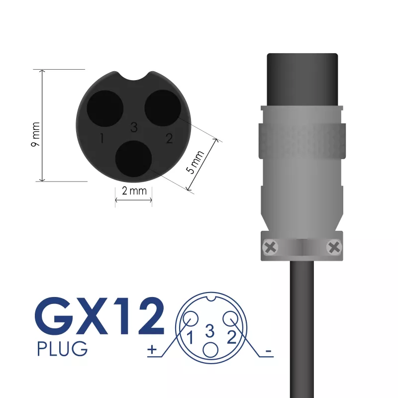 Akyga AK-EV-11 įkroviklis 36 V elektriniams paspirtukams, 42 V / 2 A 84 W, GX12 3 kontaktų 9 mm, 1 m