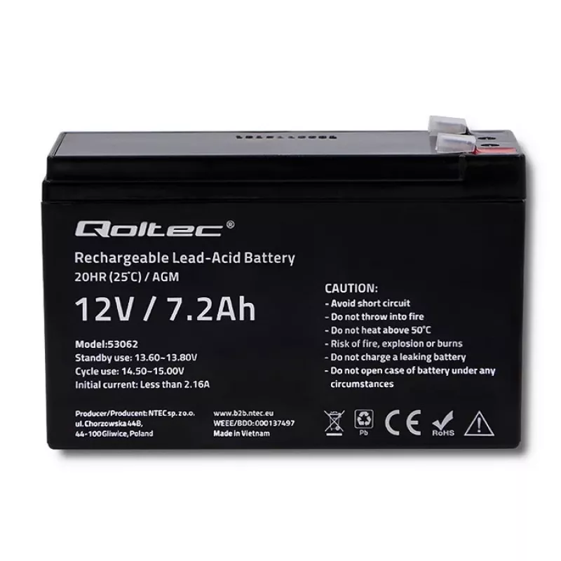 Qoltec 53062 AGM akumuliatorius | 12V | 7,2 Ah | max 108A