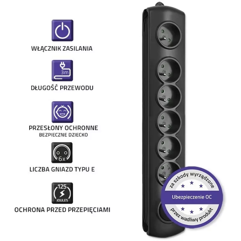 Qoltec 50112 apsauginis įtampos filtras 6 lizdai 230V 3m juodas