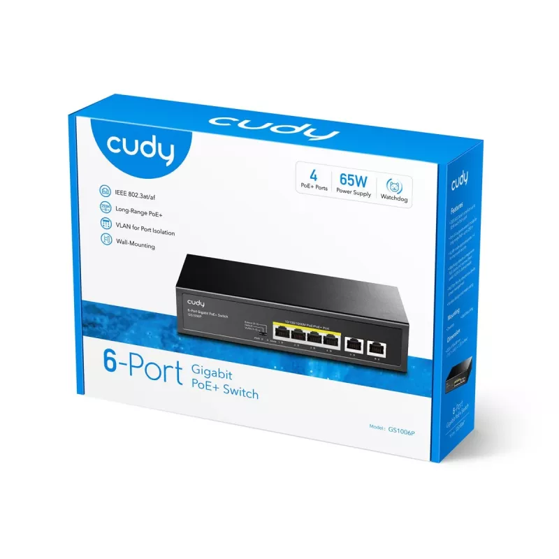 Cudy GS1006P tinklo jungiklis, nevaldomas Gigabit Ethernet, 6 prievadai PoE, 12 Gbit/s, 2048 MAC, juodas