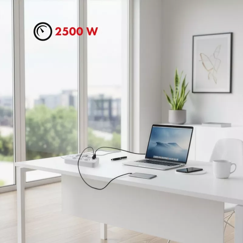 Ilgintuvas MACLEAN MCE391 W — 6 kištukinių lizdų, 4×USB-A + 1×USB-C, 3 m laidas, 110–240V, 2500W, baltas