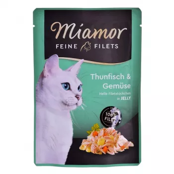 Šlapias kačių ėdalas Miamor Fine Fillets in Jelly 100 g – žuvis su morka, suaugusioms katėms, sachet