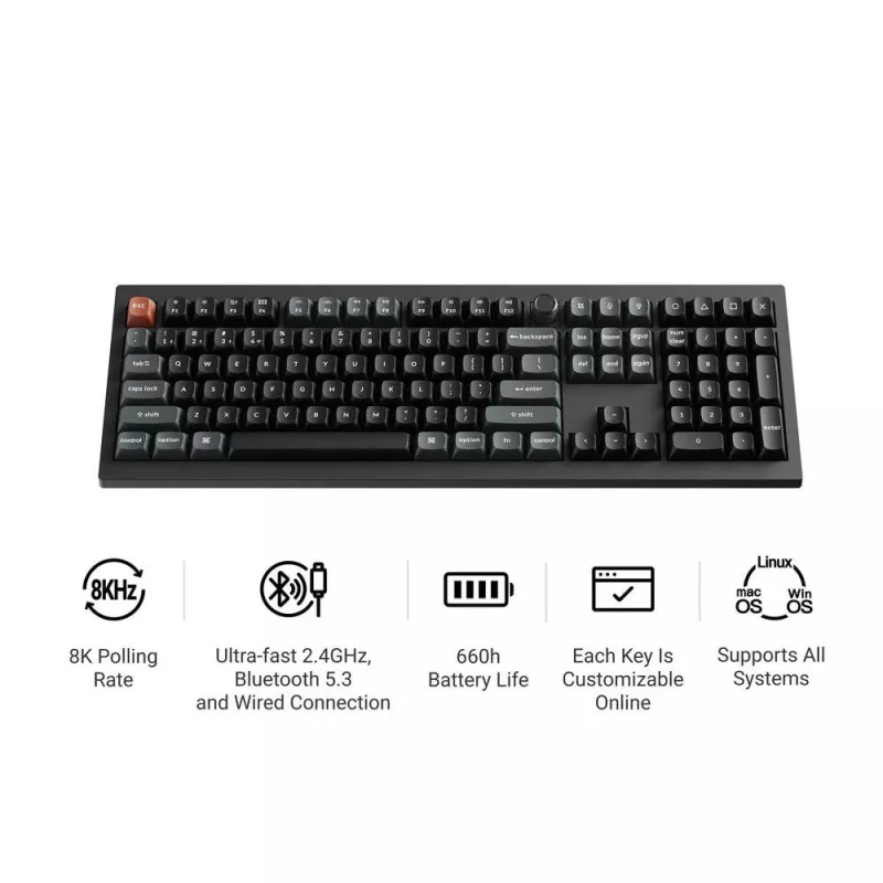 Mechaninė pilno dydžio (100 %) klaviatūra Keychron V6 Ultra 8K — QWERTY, Bluetooth, RGB LED, juoda