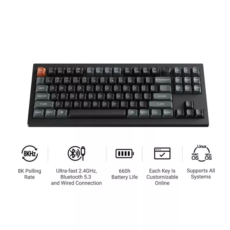 Mechaninė klaviatūra Keychron V3 Ultra 8K – laidinė ir Bluetooth, QWERTY išdėstymas, RGB LED, juoda