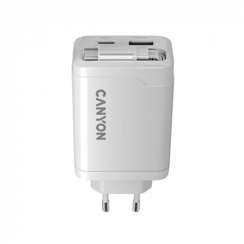CANYON įkroviklis OnCharge 65RC su integruotu USB-C laidu 65W, 1x PD, 1x QC, EU kištukas, baltas