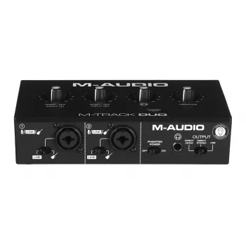 Garso sąsaja M-Audio M-Track Duo USB 2-in/2-out, 16 bitų / 48 kHz, 1x XLR/TS kombinuotas, 1x instrumentinis įėjimas, fantominis maitinimas 48 V