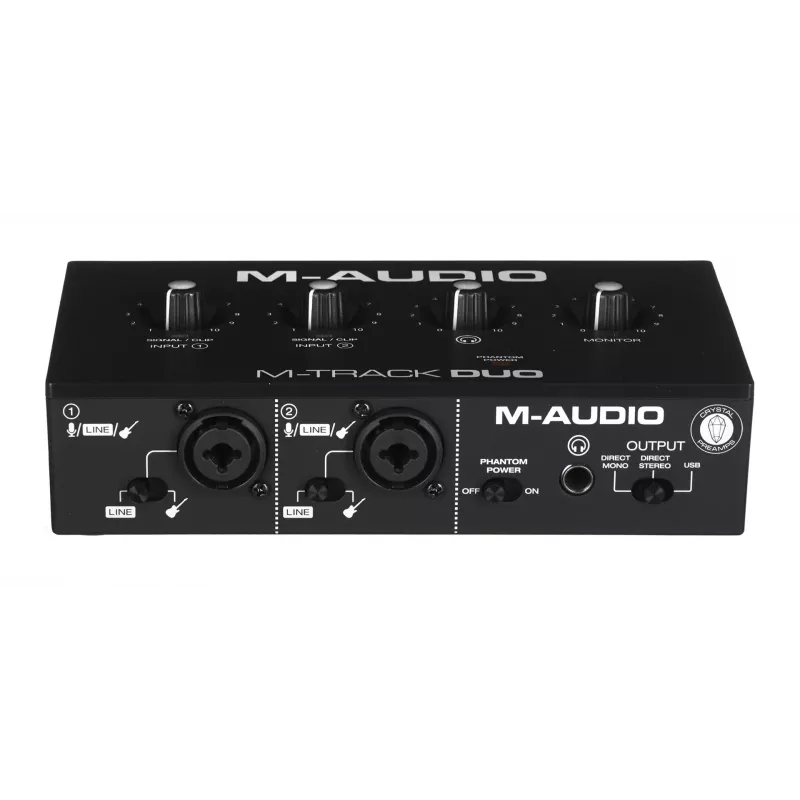 Garso sąsaja M-Audio M-Track Duo USB 2-in/2-out, 16 bitų / 48 kHz, 1x XLR/TS kombinuotas, 1x instrumentinis įėjimas, fantominis maitinimas 48 V