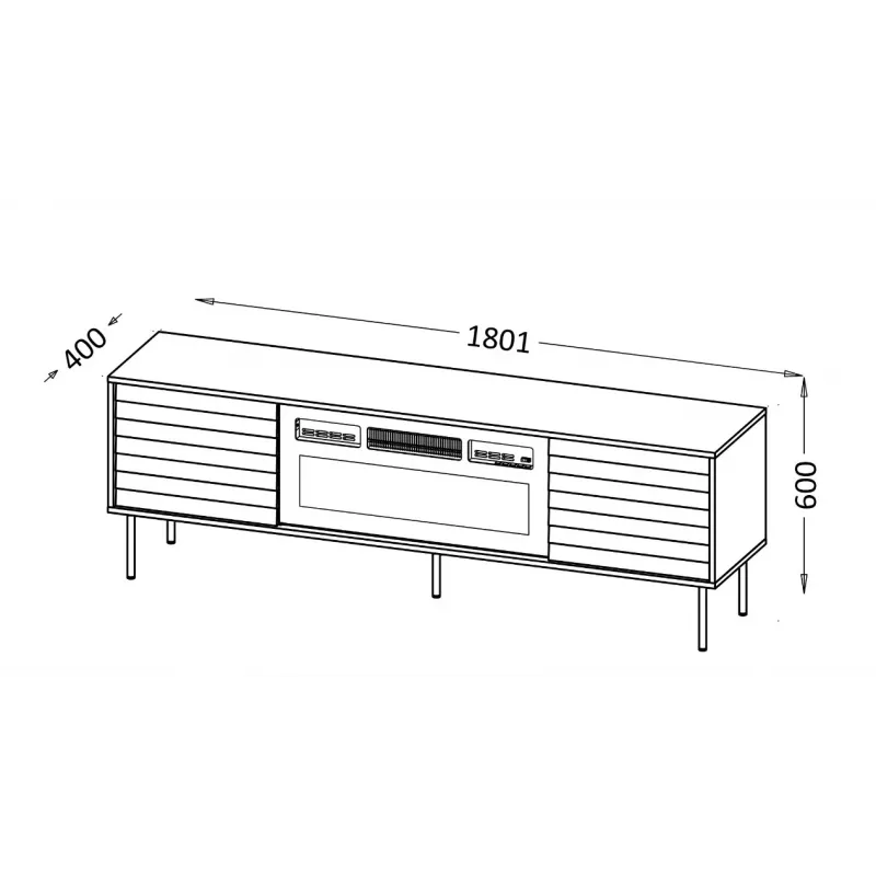 Spintelė televizoriui Cama Meble CORTINA 180x40x60 cm juoda su juodu židiniu