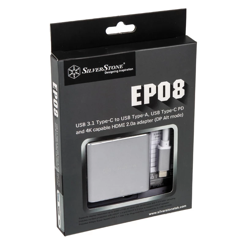 SilverStone SST-EP08C USB 3.1 Type-C adapteris į HDMI/USB Type-C/USB Type-A – sidabrinis