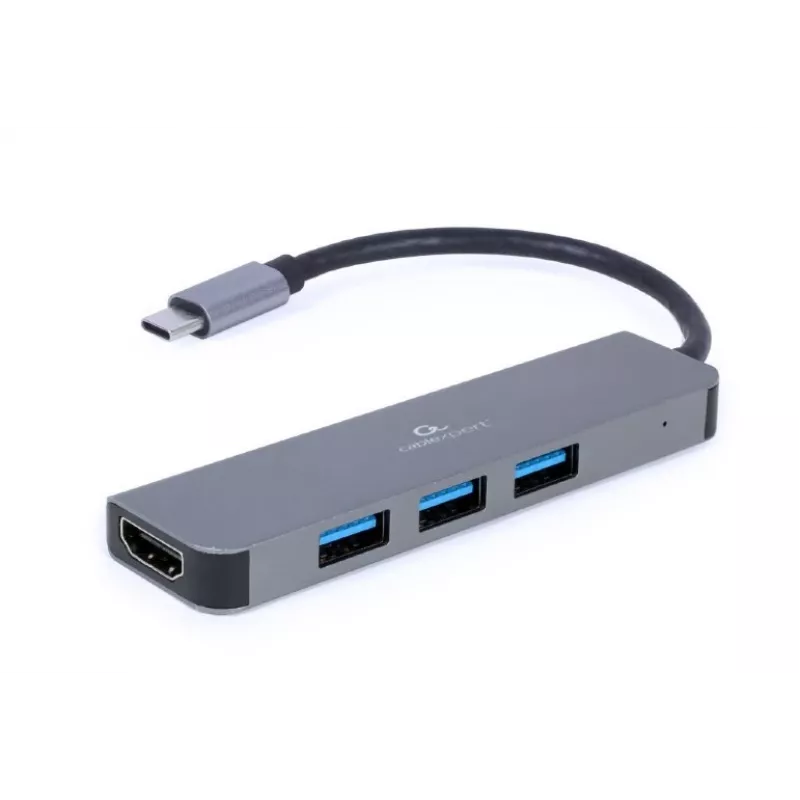 USB-C dokas nešiojamam kompiuteriui GEMBIRD A-CM-COMBO2-01 — USB 3.2 Gen 1 Type-C, 3× USB-A, 1× HDMI, pilka