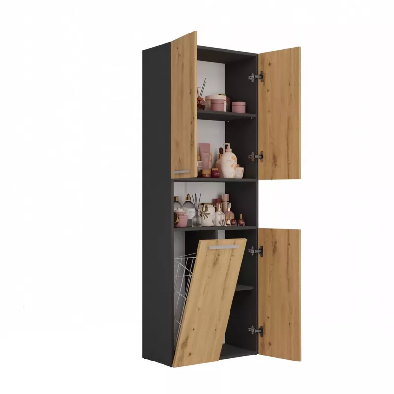 Vonios spintelė Top e Shop NEL 1K DK ANT/ART KP — grafito/ąžuolo, laisvai pastatoma, 5 lentynos, 600×300×1740 mm