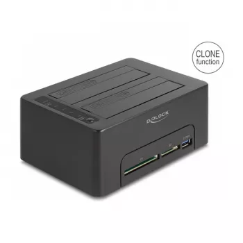 DeLOCK USB dviejų SATA HDD/SSD diskų stotelė su klonavimo funkcija ir kortelių skaitytuvu