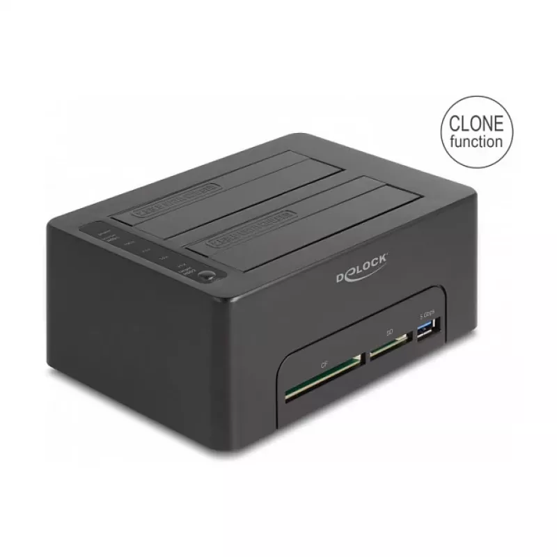 DeLOCK USB dviejų SATA HDD/SSD diskų stotelė su klonavimo funkcija ir kortelių skaitytuvu