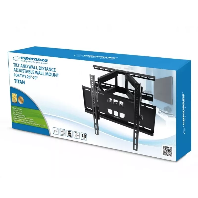 Sieninis TV laikiklis Esperanza TITAN 26–70 colių (66–177.8 cm), pakreipimas ±15°, pasukimas 120°, VESA iki 400×400, maks. apkrova 55 kg, juodas