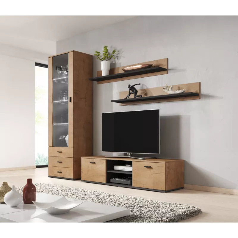 TV stovas Cama Meble SOHO 140, lefkas ąžuolas/juoda, 1400×430×370 mm