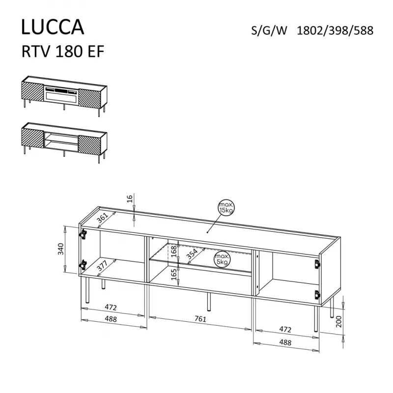 TV spintelė Cama Meble LUCCA 180x40x59 cm, juoda medžio drožlių plokštės viršus, juodas rėmas