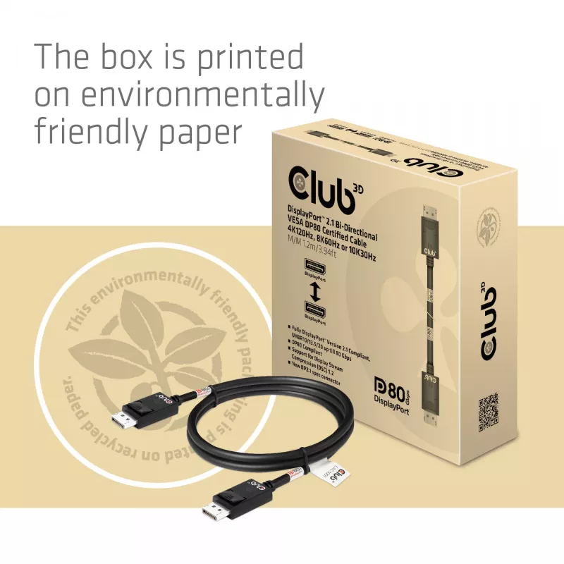 Club 3D CAC-1091 DisplayPort 2.1 kabelis, VESA DP80 sertifikuotas, dvikryptis, 4K120Hz / 8K60Hz / 10K30Hz, kištukas–kištukas, 1,2 m