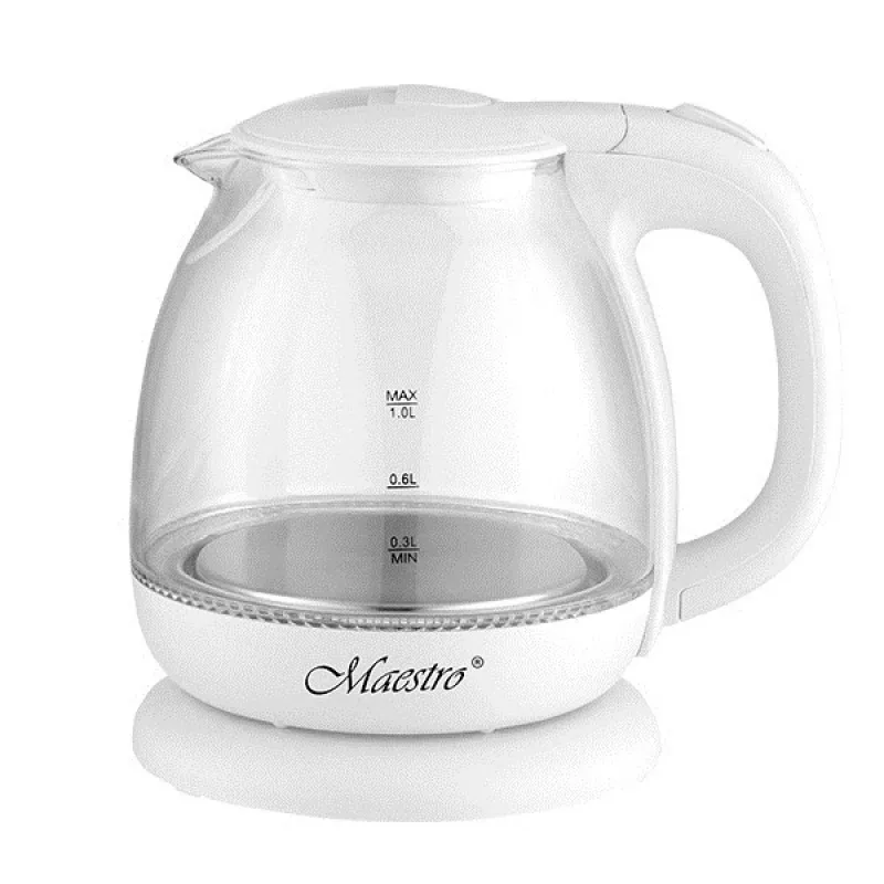 Elektrinis virdulys Maestro MR-055 Baltas — 1 L, 1100 W, stiklinis korpusas, foninis apšvietimas, vandens lygio indikatorius