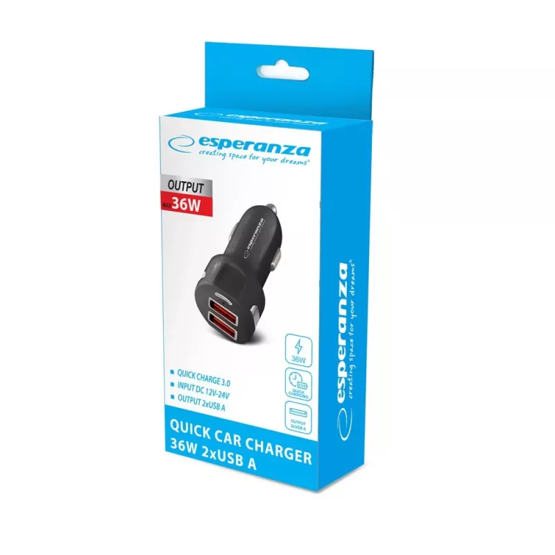 Automobilinis kroviklis ESPERANZA EZ110 juodas – 12–24V įėjimas, 2× USB-A 2.1A, Quick Charge 3.0, 36W