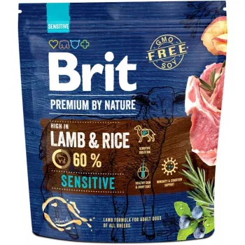 Sausas šunų maistas Brit Premium by Nature Sensitive ėriena ir ryžiai 1 kg – suaugusiems, baltymai 26%, riebalai 13%, be glitimo
