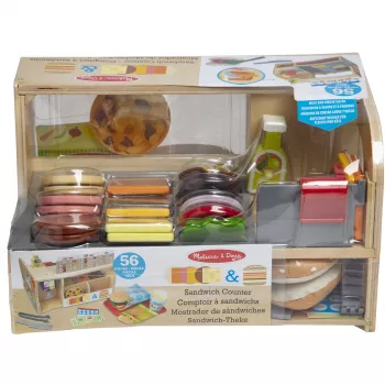 Melissa & Doug Wooden Slice & Stack Sandwich Counter with Deli Slicer – 56 dalių medinė sumuštinių prekystalio žaidimo rinkinys su pjaustykle – FSC sertifikuota