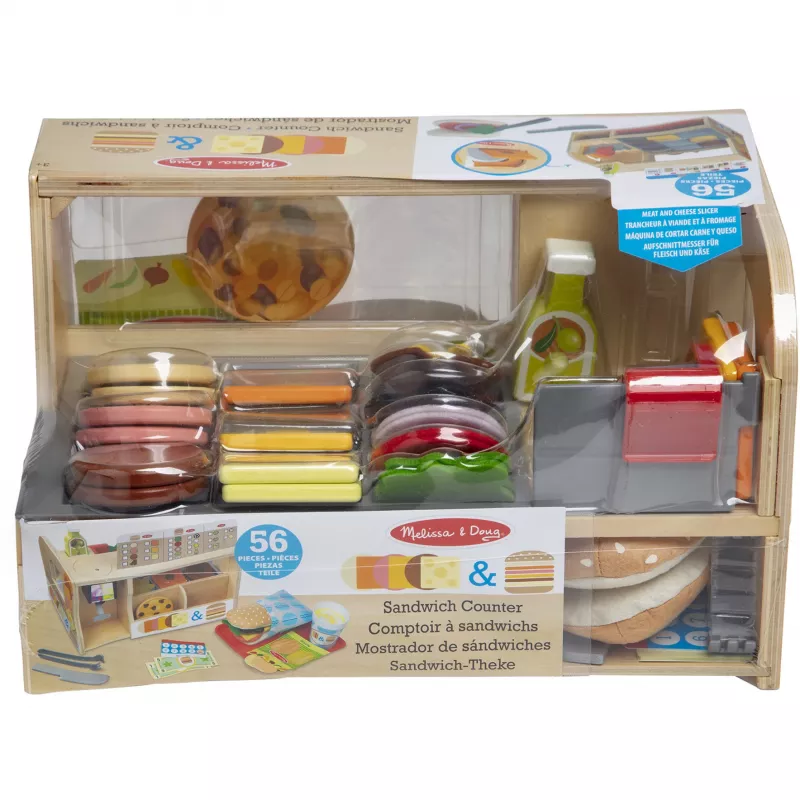 Melissa & Doug Wooden Slice & Stack Sandwich Counter with Deli Slicer – 56 dalių medinė sumuštinių prekystalio žaidimo rinkinys su pjaustykle – FSC sertifikuota