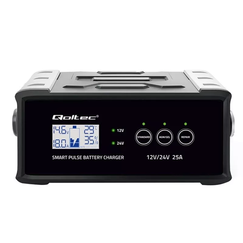Akumuliatoriaus įkroviklis QOLTEC 52514 — 12V/24V, 25A, AGM/GEL/SLA akumuliatoriams su LCD ekranu
