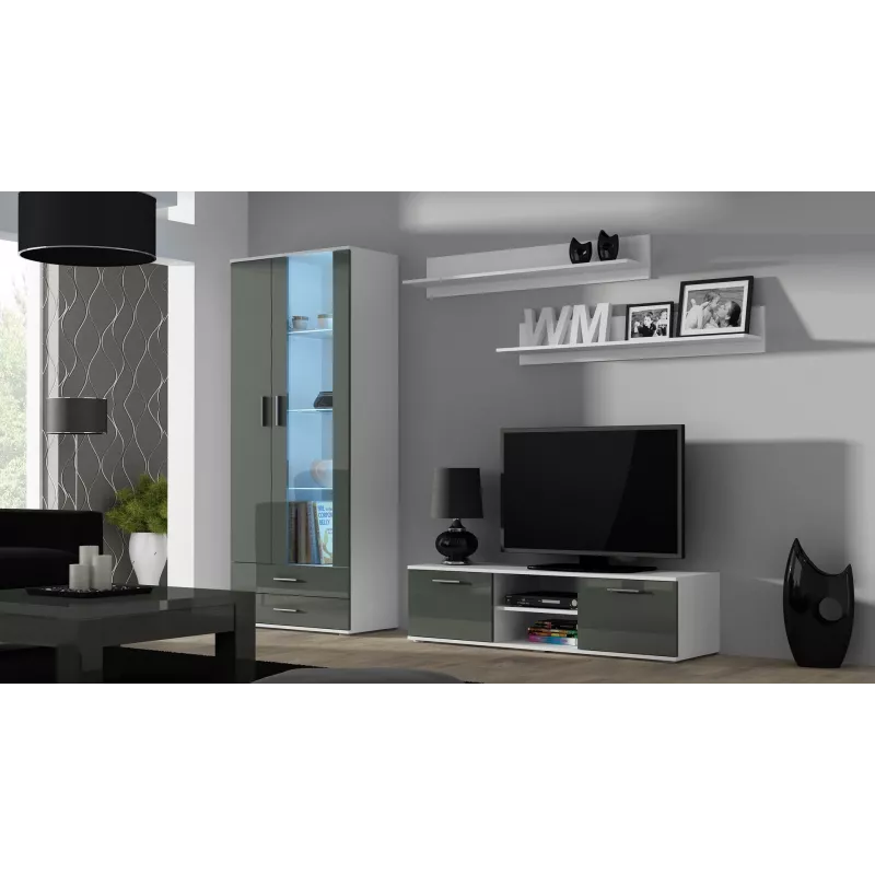 TV stovas cama meble SOHO 140 — 1400×430×370 mm, baltas viršus, medžio drožlių plokštė, baltas rėmas, balta/pilka blizgūs fasadai