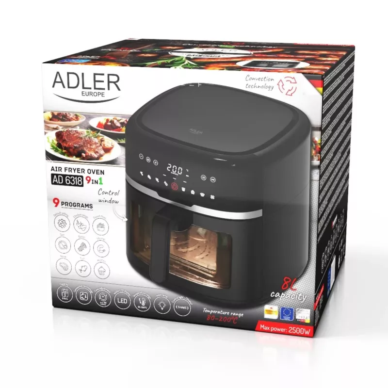 Kepimo indas Adler AD 6318 8 L, 2200 W, LED ekranas, 9 programų, juodas